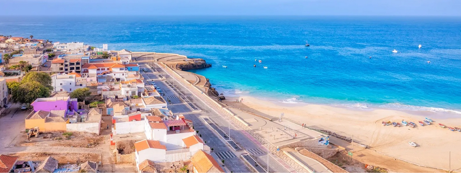 Aerial view of Vila do Maio and turquoise ocean, Maio island, Cabo Verde